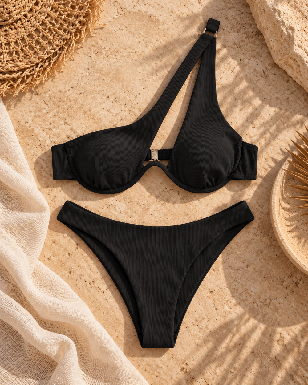 The One Shoulder Bikini — Black, flat-lay